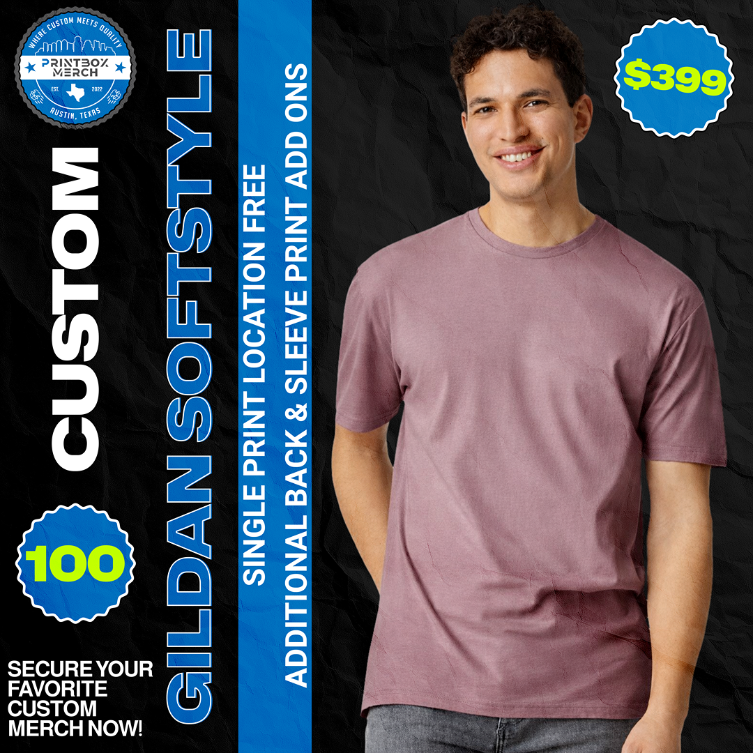 Printbox Merch 100 custom Gildan Softstyle shirt offer shown on a model, from $399, with optional back and sleeve print add-ons