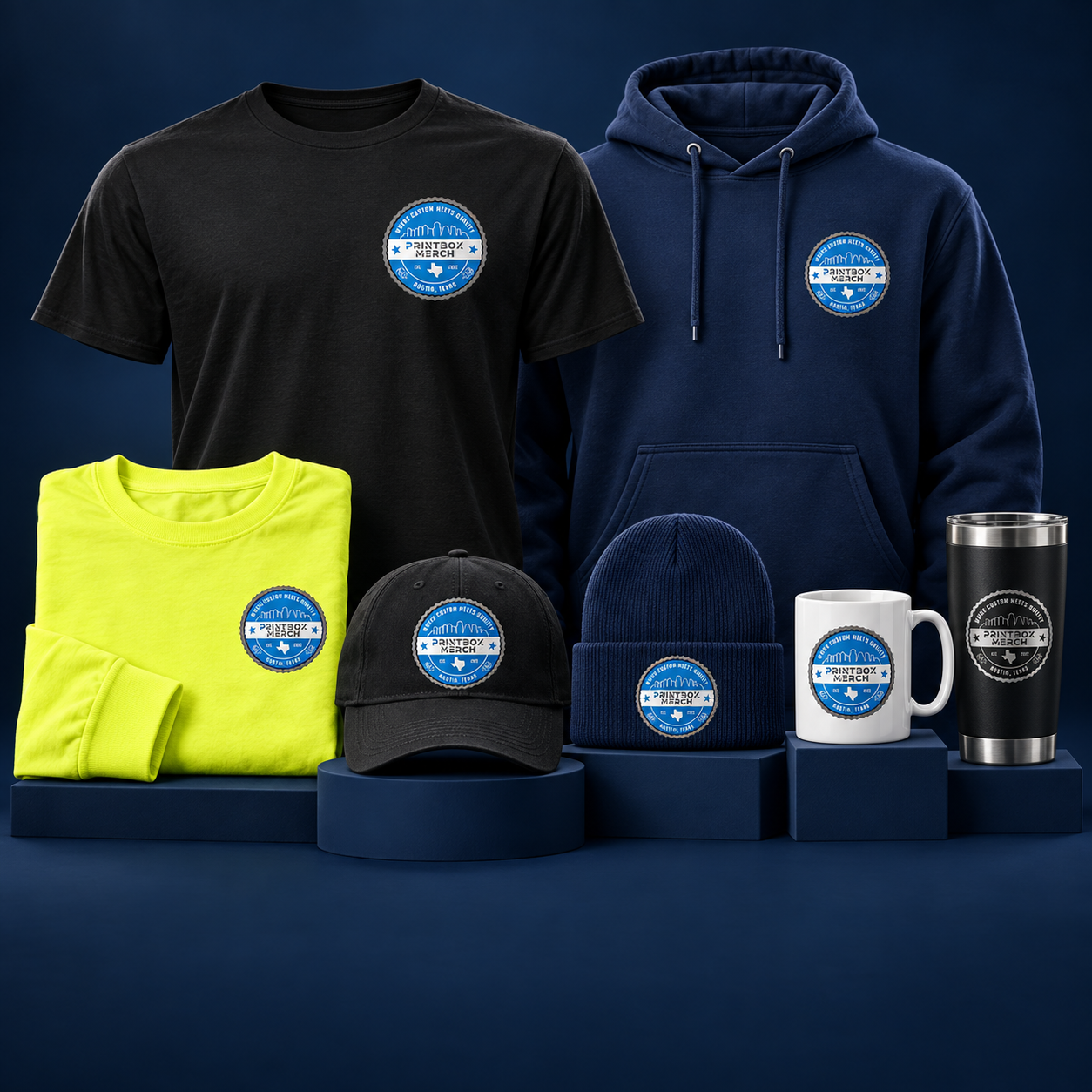 Studio mockup of matching branded shirts, hoodie, cap, beanie, mug and tumbler
