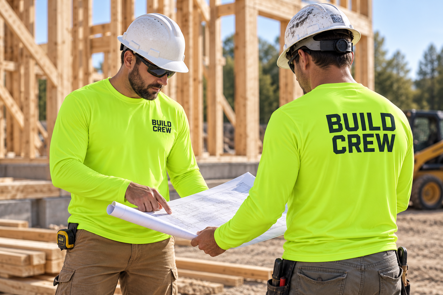 Illustrative construction crew wearing customized Safety Yellow performance long sleeve shirts