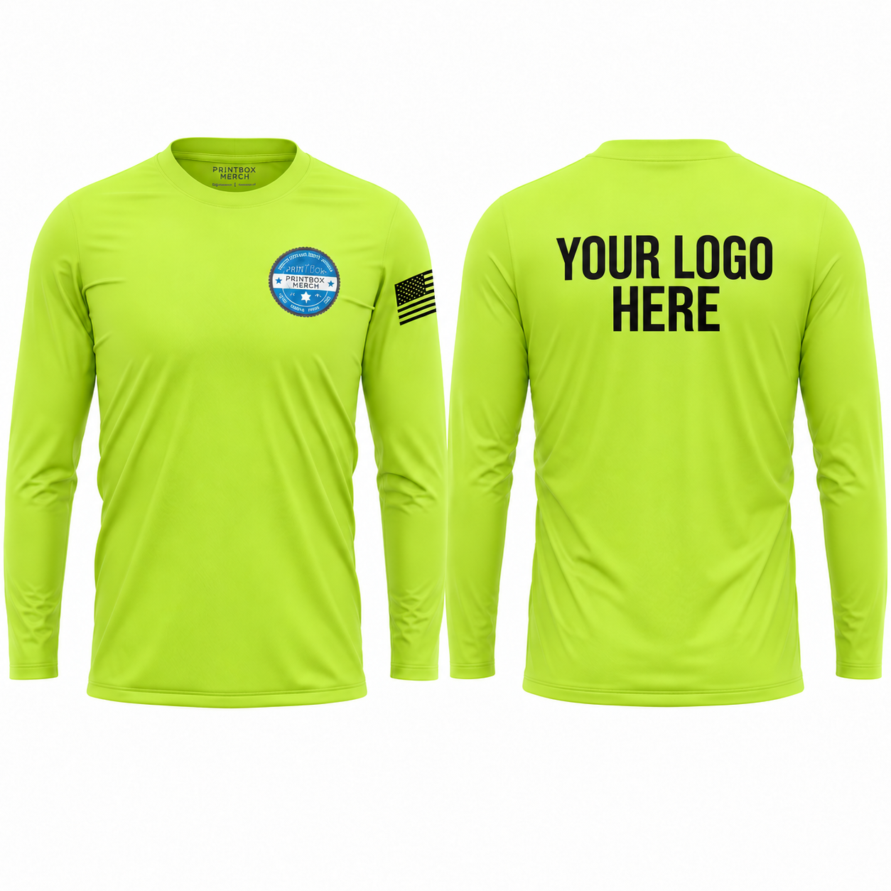 Safety Yellow performance long sleeve shirts shown from the front and back
