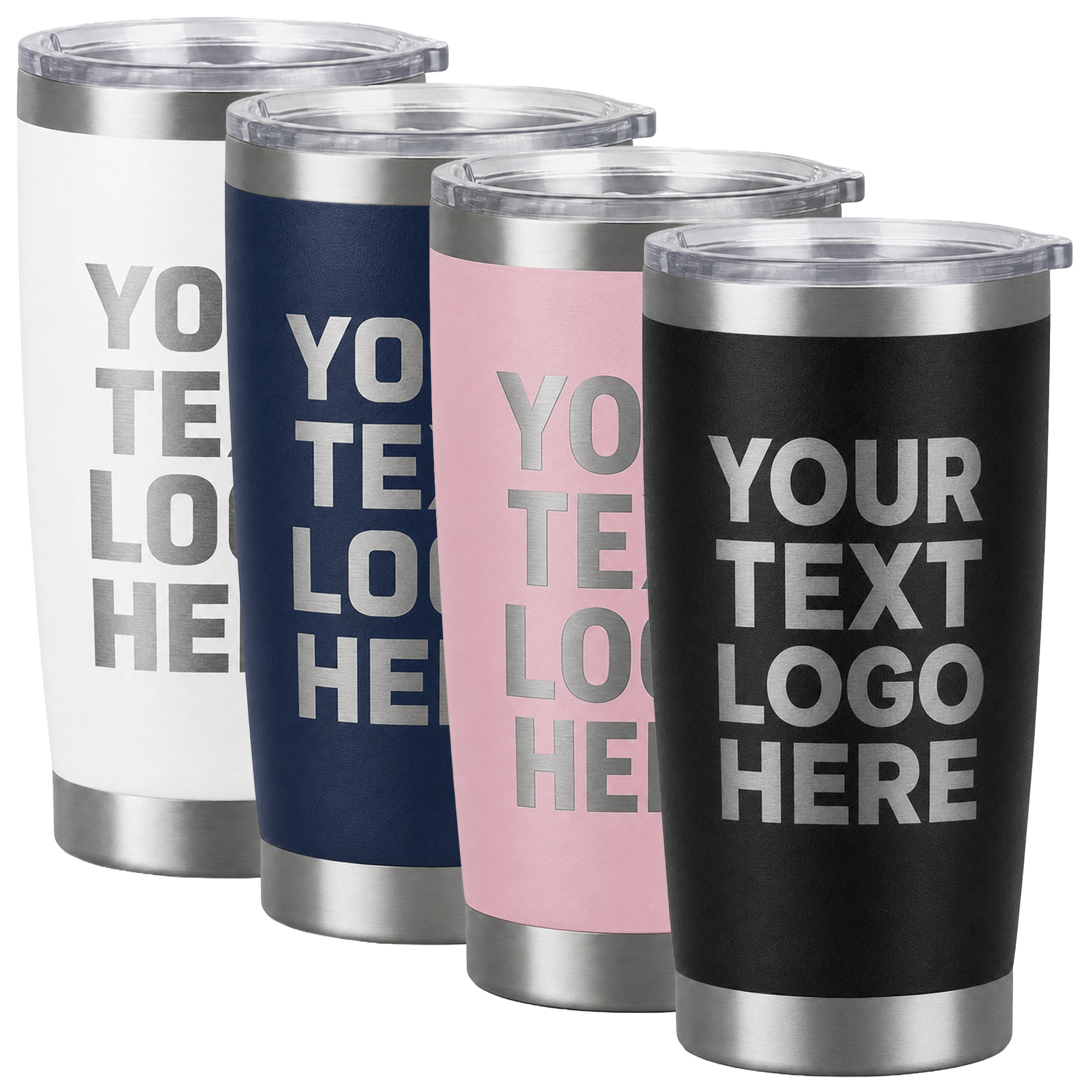 Custom engraved tumblers in White, Navy Blue, Light Pink and Black