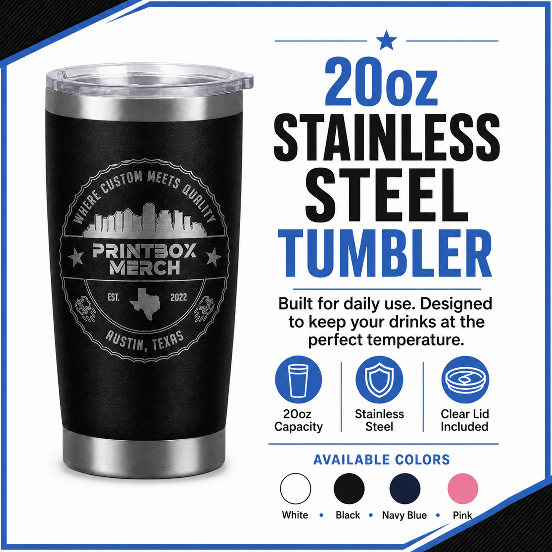 20oz stainless steel tumbler with clear lid and custom engraving