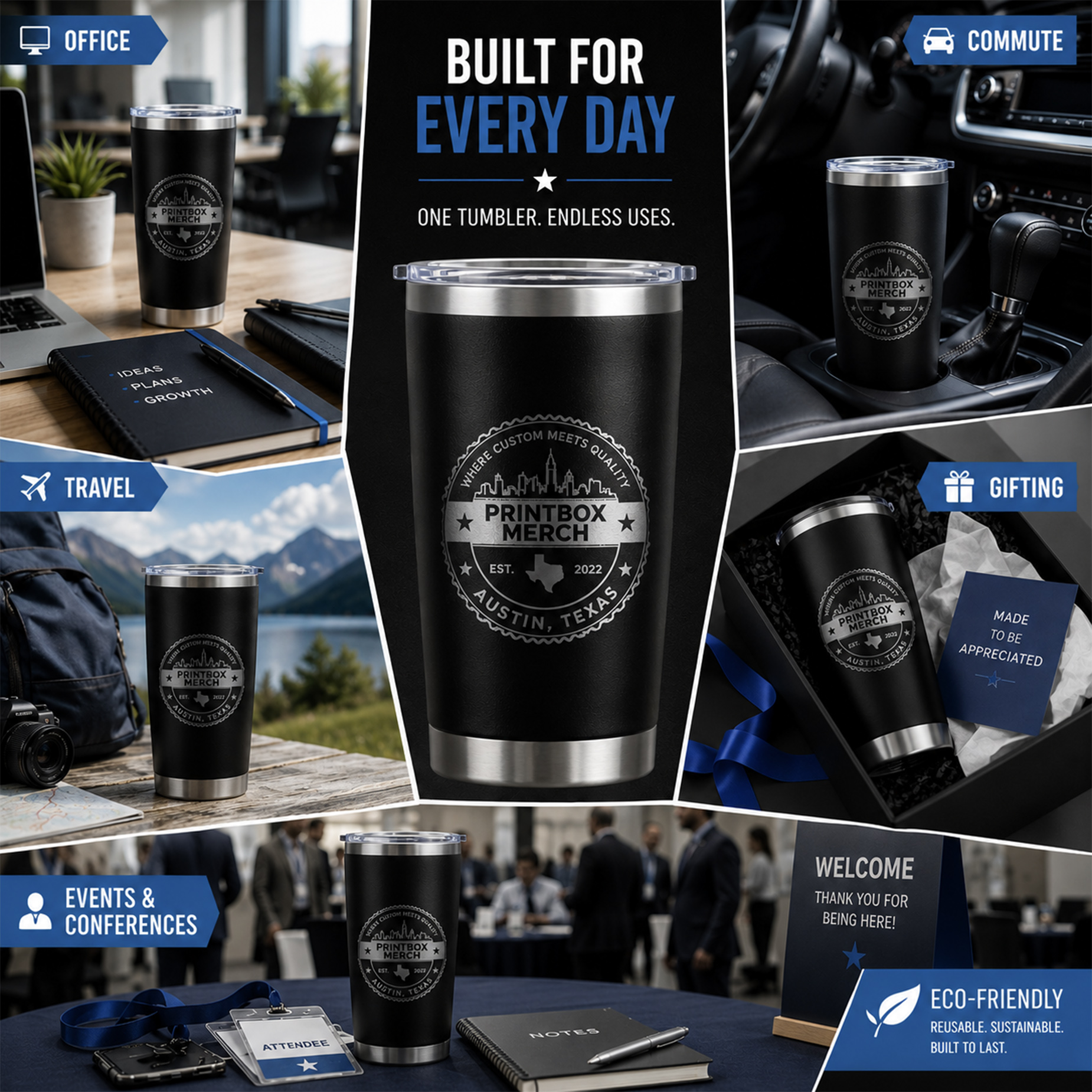 Custom engraved tumbler examples for the office, commute, travel, gifts and events